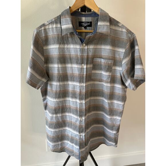 Eighty 8 Short-Sleeved Woven Button-Up Size Large Gray Tan Stripes - Picture 1 of 5